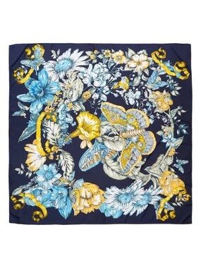 NWT Tasha Luxury Floral & Moth Print Silk Scarf in Navy, Blue & Yellow